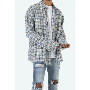 MNML Blue White Plaid Tweed Raw Edge Shacket Oversized XL